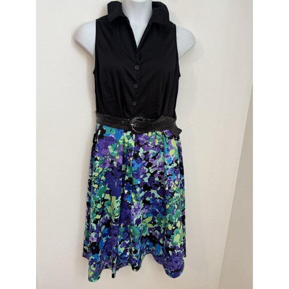 Lane Bryant Shirt Dress Front Button Size 16 Black Sleeveless Floral Belted - Picture 1 of 5